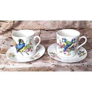 Pair of Vintage Discontinued 80's Mottahedeh 8502 Aviary Pattern‎ Cups & Saucers